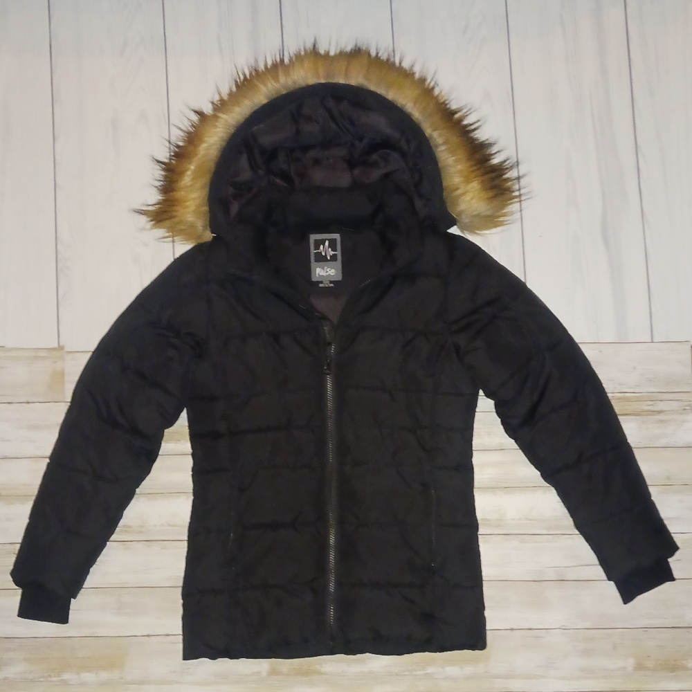 PULSE Girl's Luna Quilted Hooded Zip Up  Black Coat  Youth Winter Jacket